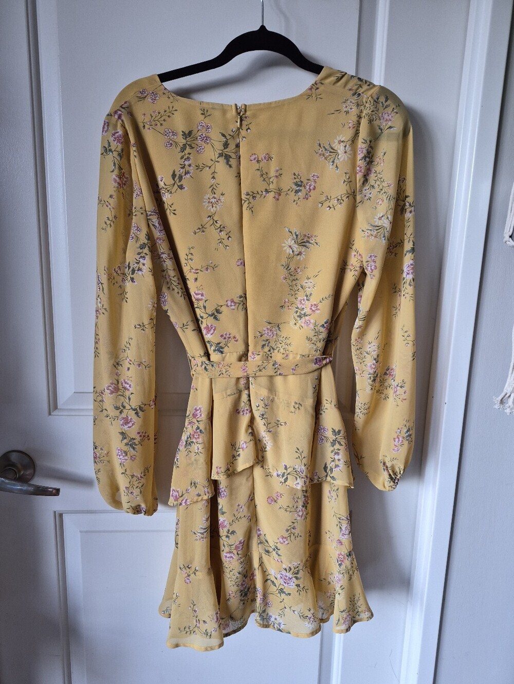 Design Lab Lord & Taylor Mustard Yellow Floral Wrap-Style Mini Dress - Picture 2 of 5